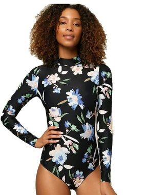 Women’s O’Neill Long-Sleeve Black Floral One-Piece Swimsuit Surf Suit